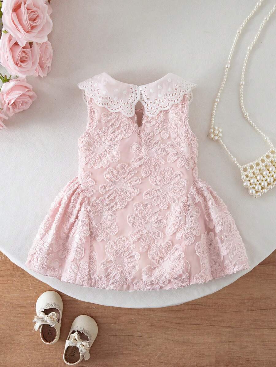 Little Girls Princess Pink Dress With Peter Pan Collar And Lace Detail