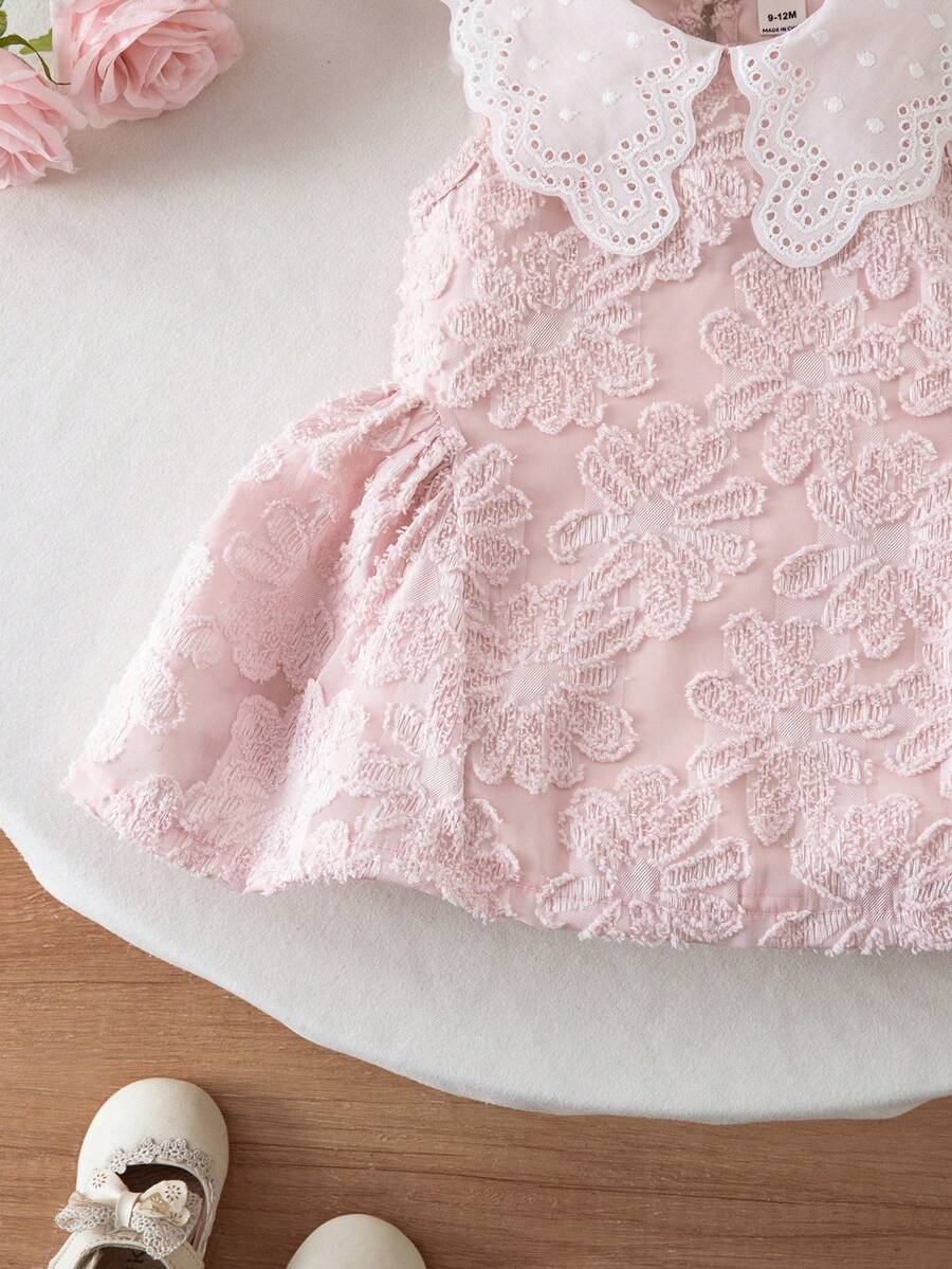 Little Girls Princess Pink Dress With Peter Pan Collar And Lace Detail