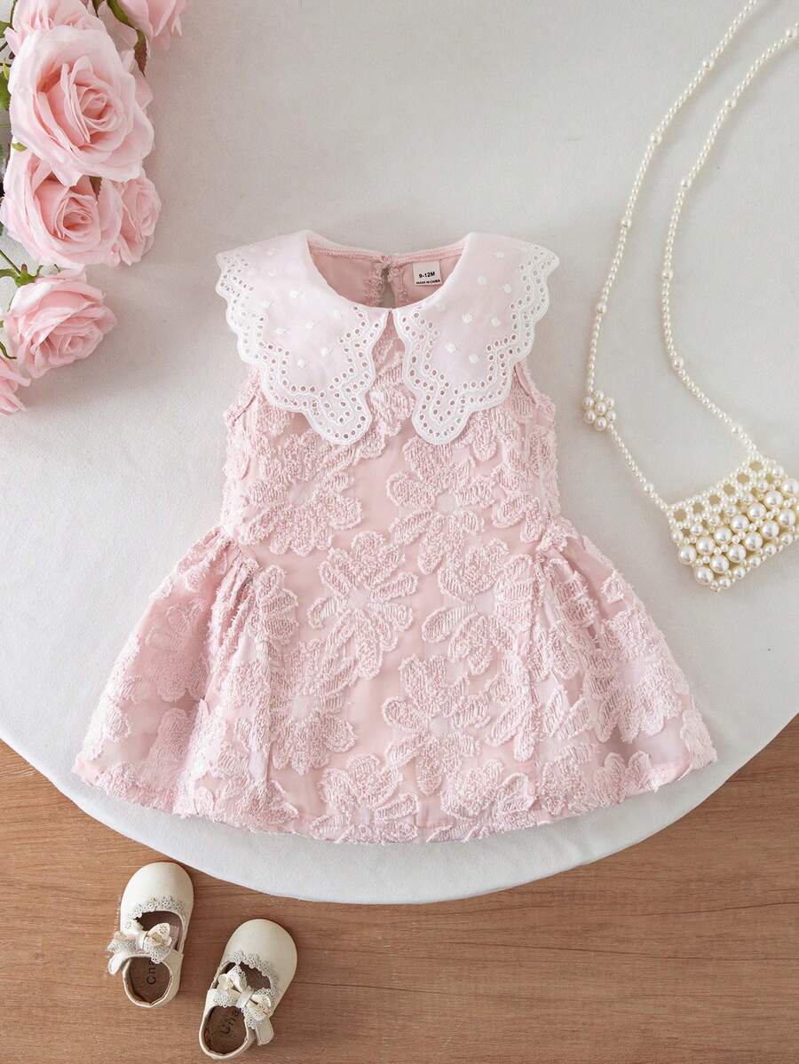 Little Girls Princess Pink Dress With Peter Pan Collar And Lace Detail
