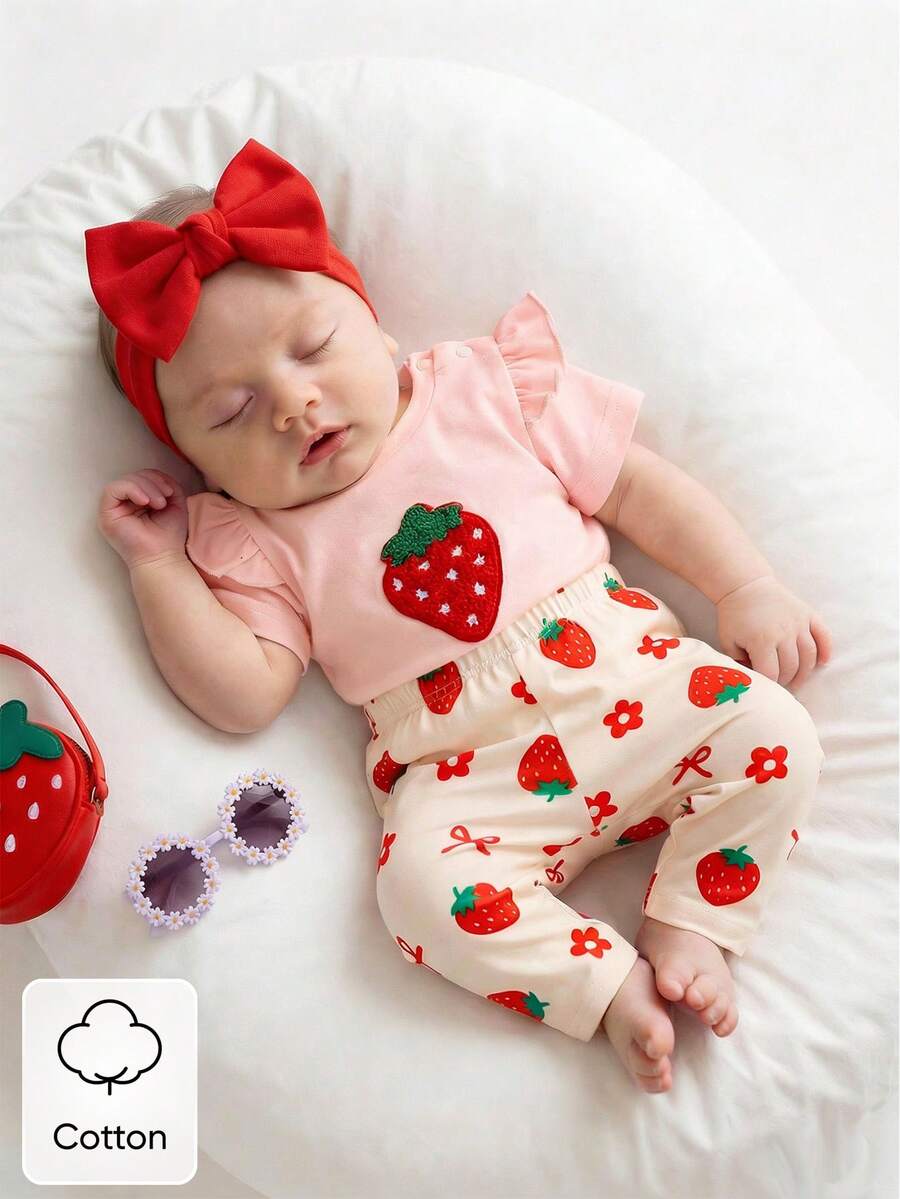 Baby Girl Strawberry Print T Shirt and Pants Set for Cute Summer Daily Wear