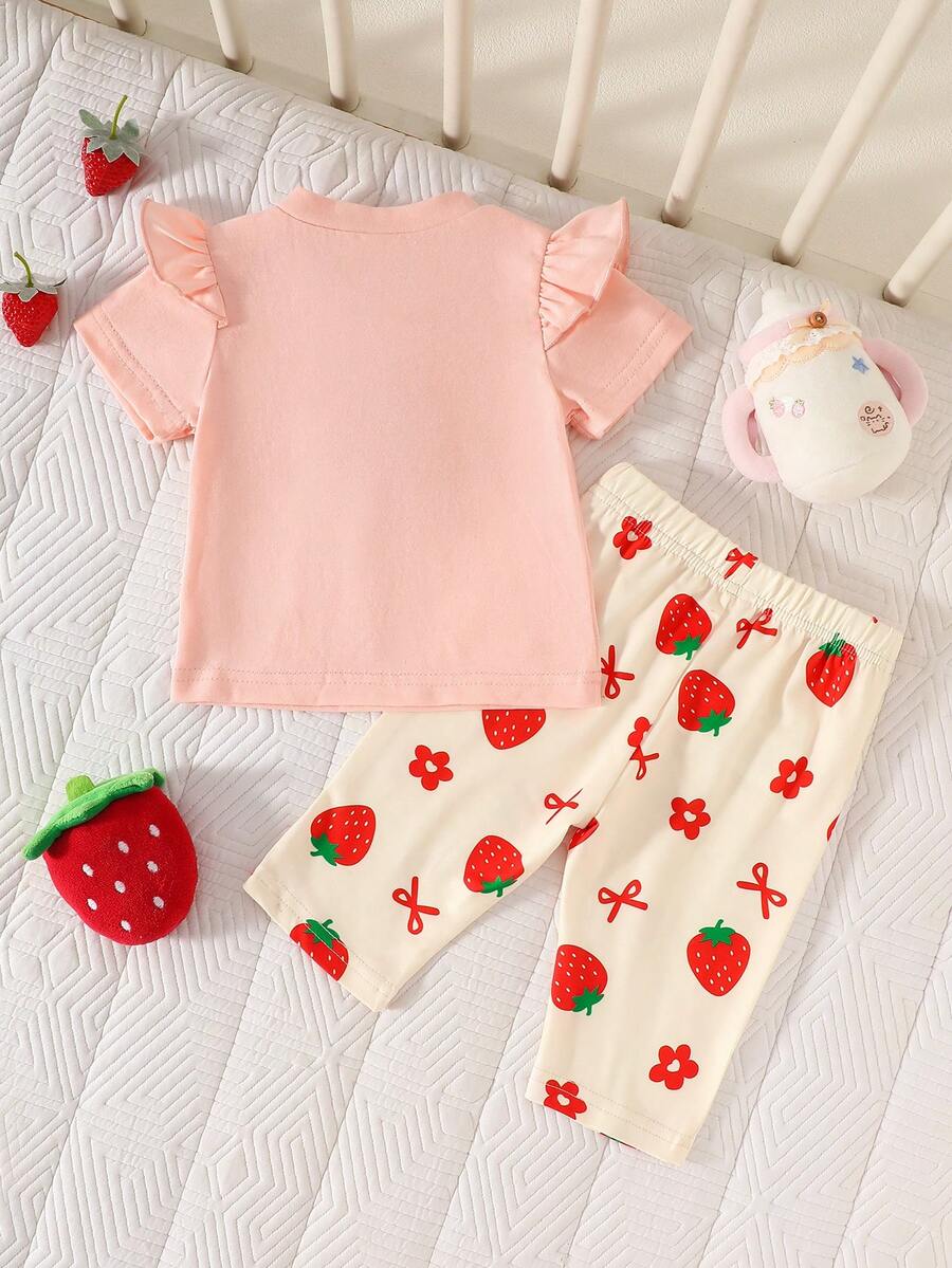 Baby Girl Strawberry Print T Shirt and Pants Set for Cute Summer Daily Wear