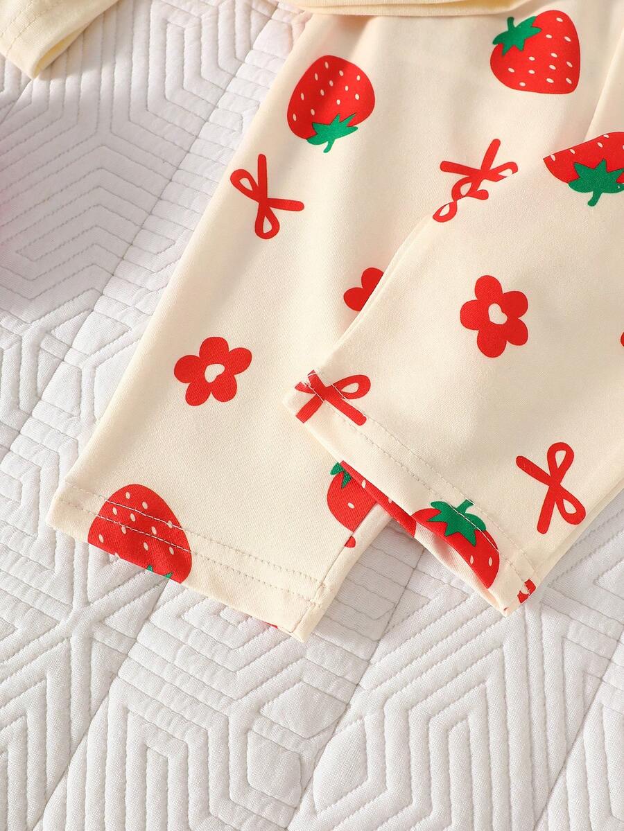 Baby Girl Strawberry Print T Shirt and Pants Set for Cute Summer Daily Wear