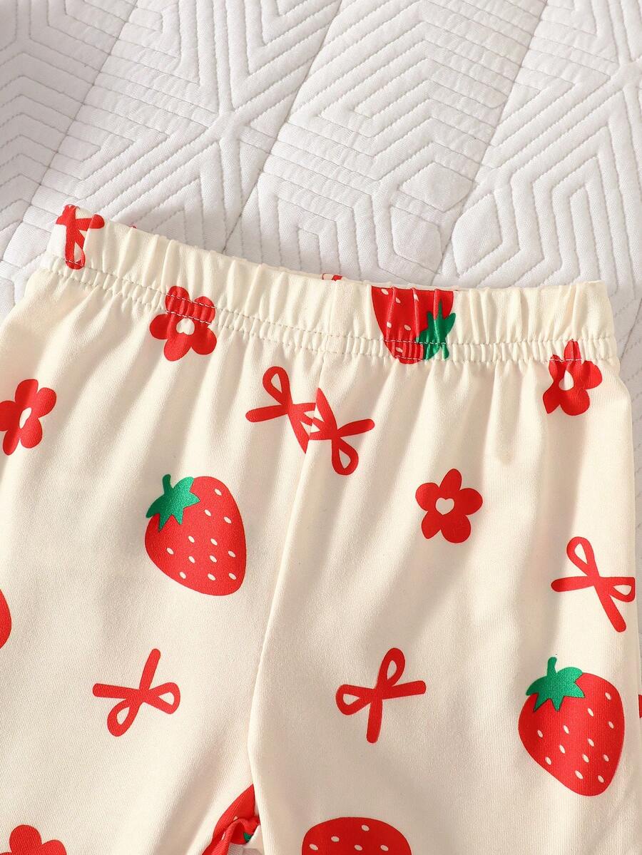 Baby Girl Strawberry Print T Shirt and Pants Set for Cute Summer Daily Wear