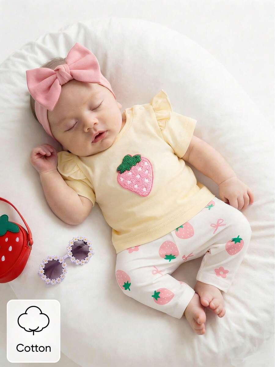 Baby Girl Strawberry Print T Shirt and Pants Set for Cute Summer Daily Wear