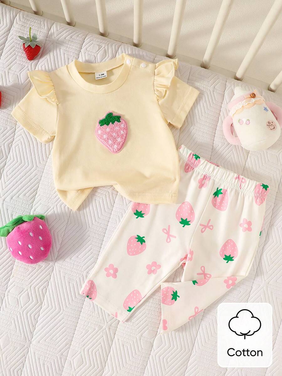 Baby Girl Strawberry Print T Shirt and Pants Set for Cute Summer Daily Wear