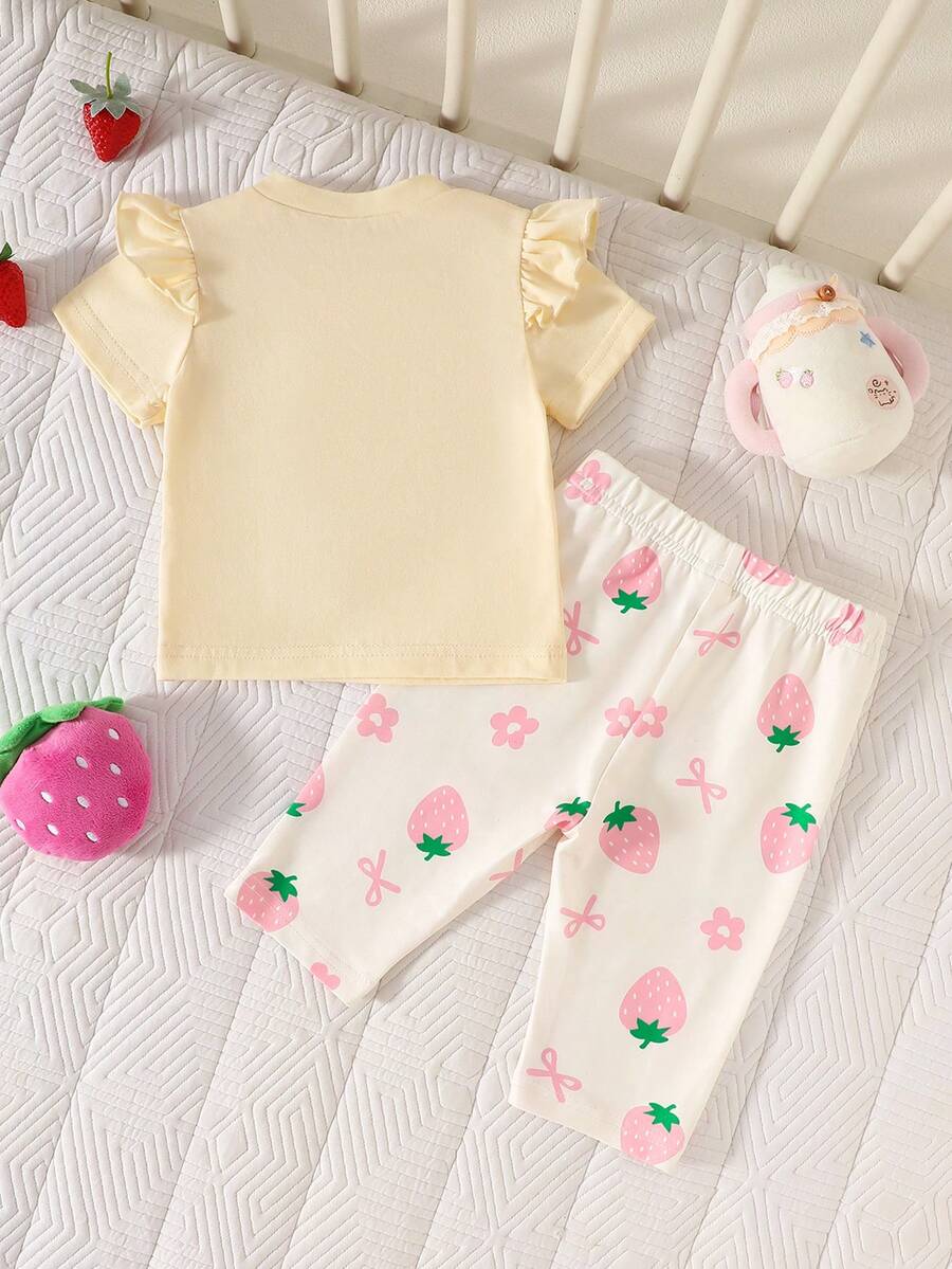 Baby Girl Strawberry Print T Shirt and Pants Set for Cute Summer Daily Wear