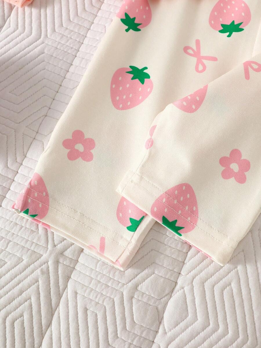 Baby Girl Strawberry Print T Shirt and Pants Set for Cute Summer Daily Wear