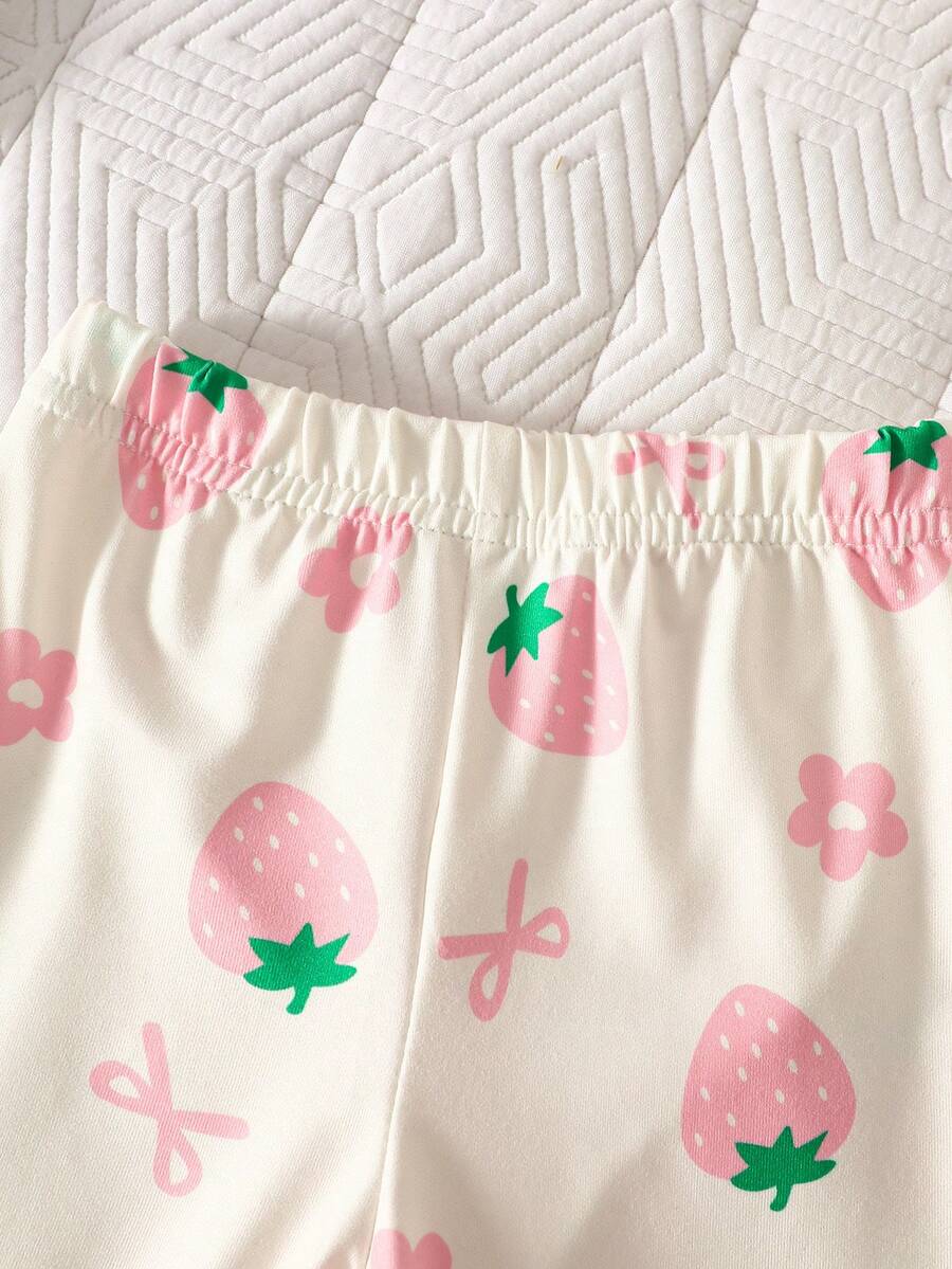 Baby Girl Strawberry Print T Shirt and Pants Set for Cute Summer Daily Wear