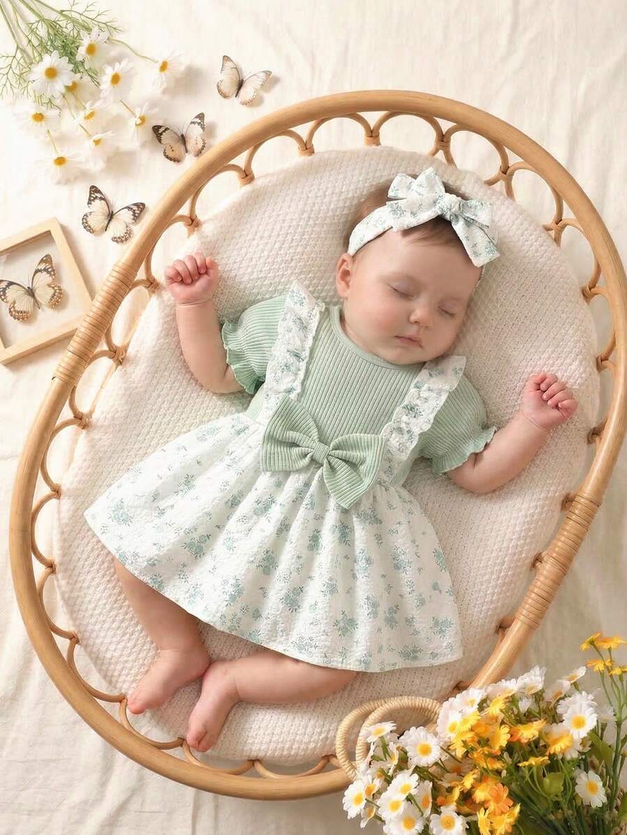 2PCS Baby Blue Floral Dress and Headband Set for Cute Summer Tea Parties and Outings