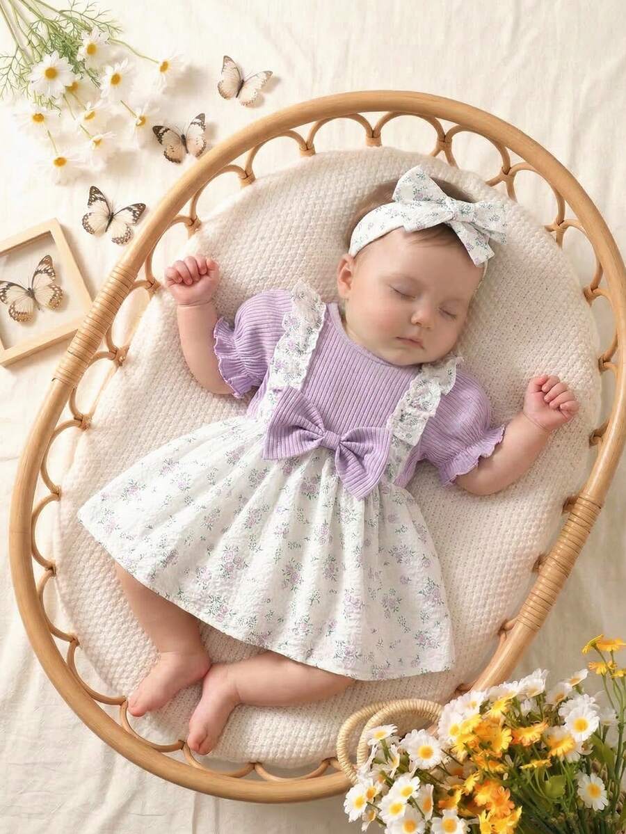 2PCS Baby Blue Floral Dress and Headband Set for Cute Summer Tea Parties and Outings