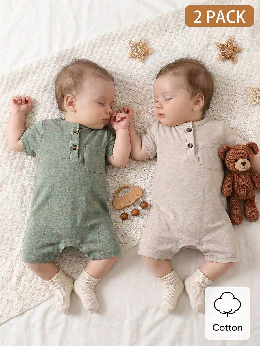 Unisex Baby 2pcs Solid Color Romper Set - Neutral Shortall for Boys and Girls