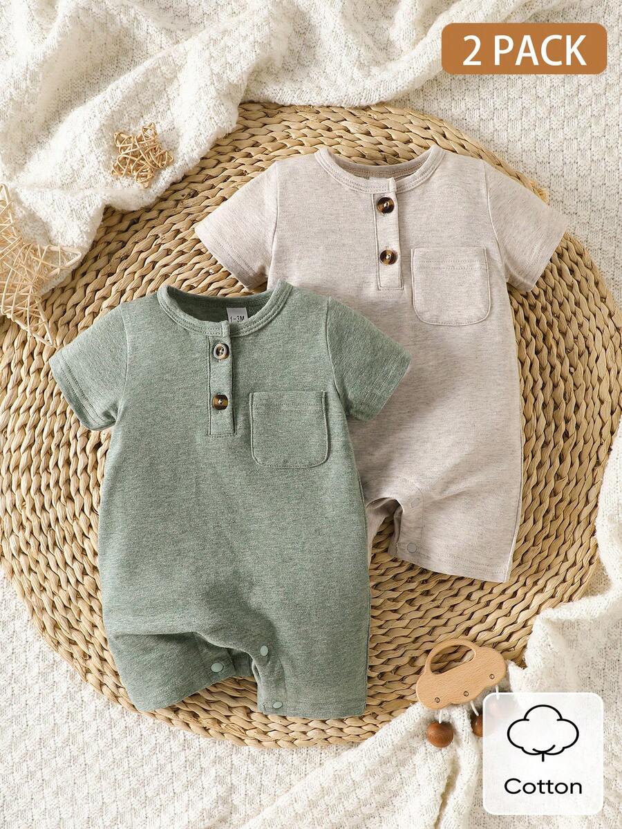 Unisex Baby 2pcs Solid Color Romper Set - Neutral Shortall for Boys and Girls