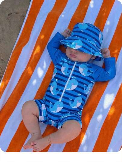 Baby Striped Dolphin Print One-Piece Swimsuit for Beach Vacation and Pool Days