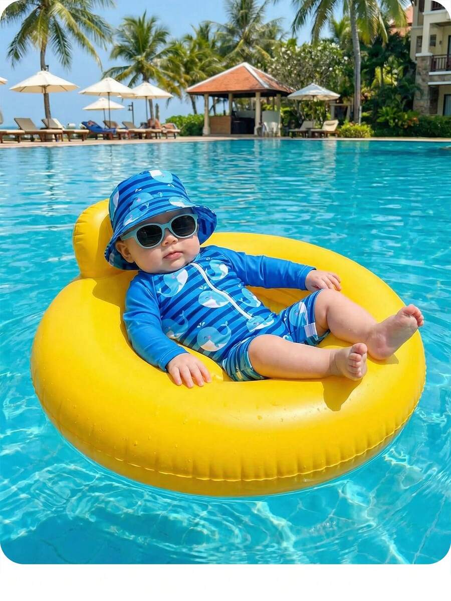 Baby Striped Dolphin Print One-Piece Swimsuit for Beach Vacation and Pool Days
