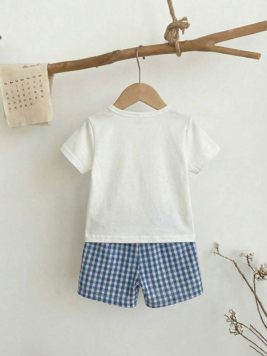 Baby Boy Holiday Print Top and Plaid Shorts 2 Piece Vacation Summer Outfit Set