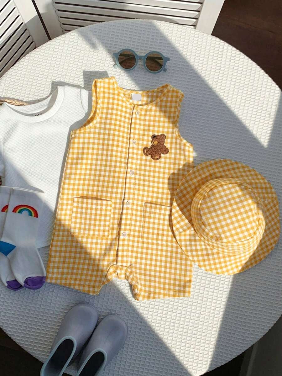 Unisex Baby Green White Striped Sleeveless Jumpsuit and Bucket Hat 2 Piece Summer Vacation Outfit Set