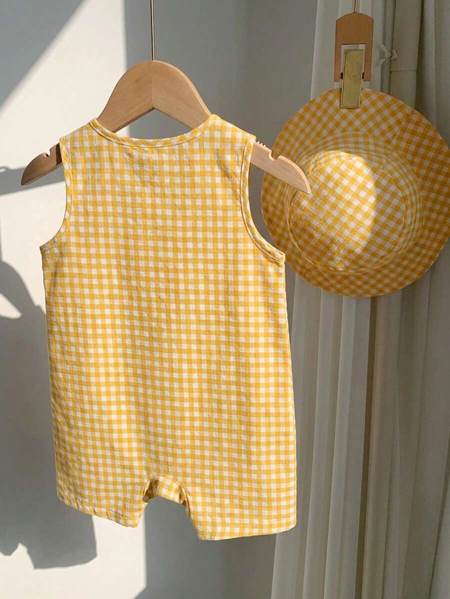 Unisex Baby Green White Striped Sleeveless Jumpsuit and Bucket Hat 2 Piece Summer Vacation Outfit Set