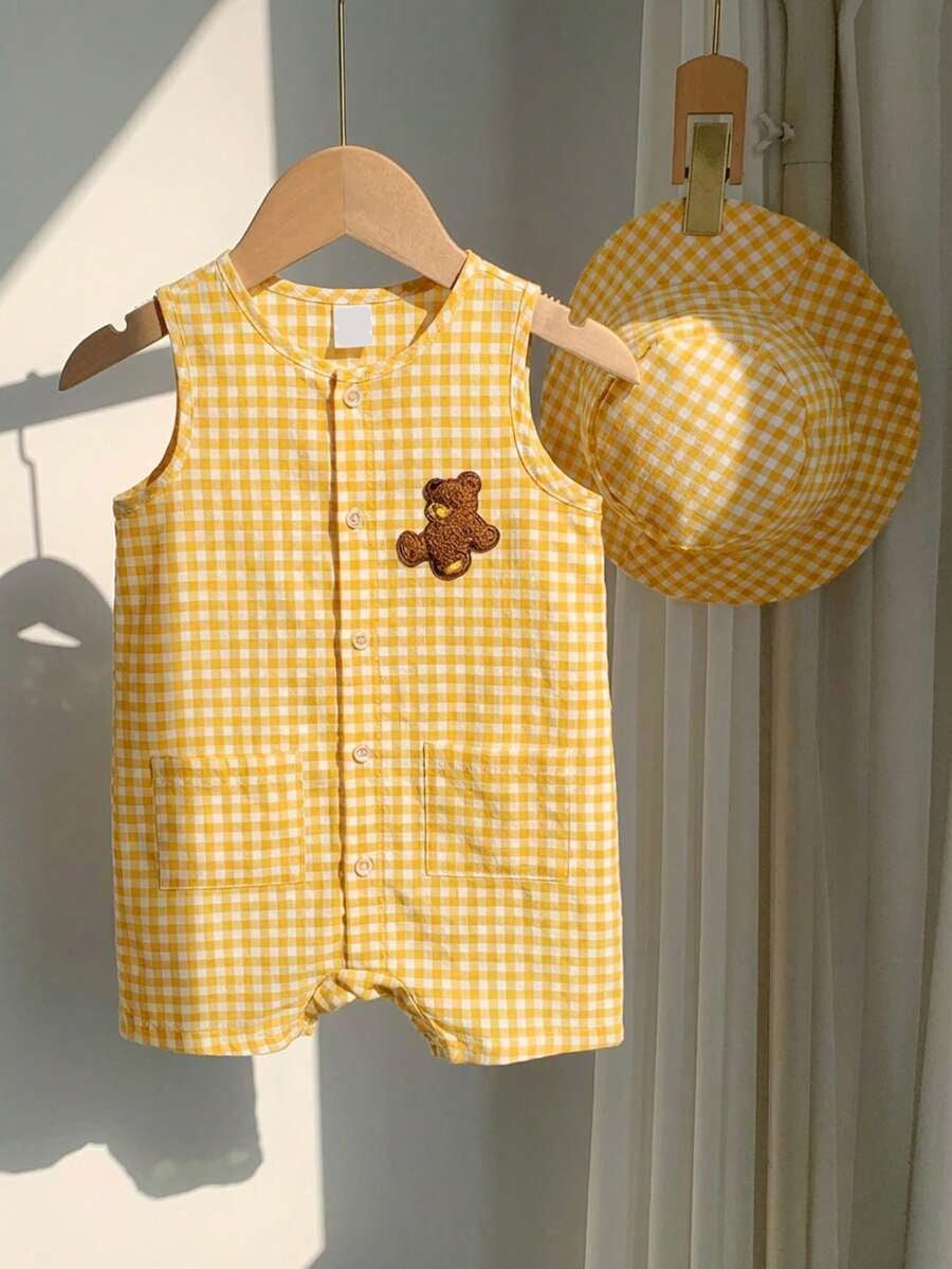 Unisex Baby Green White Striped Sleeveless Jumpsuit and Bucket Hat 2 Piece Summer Vacation Outfit Set