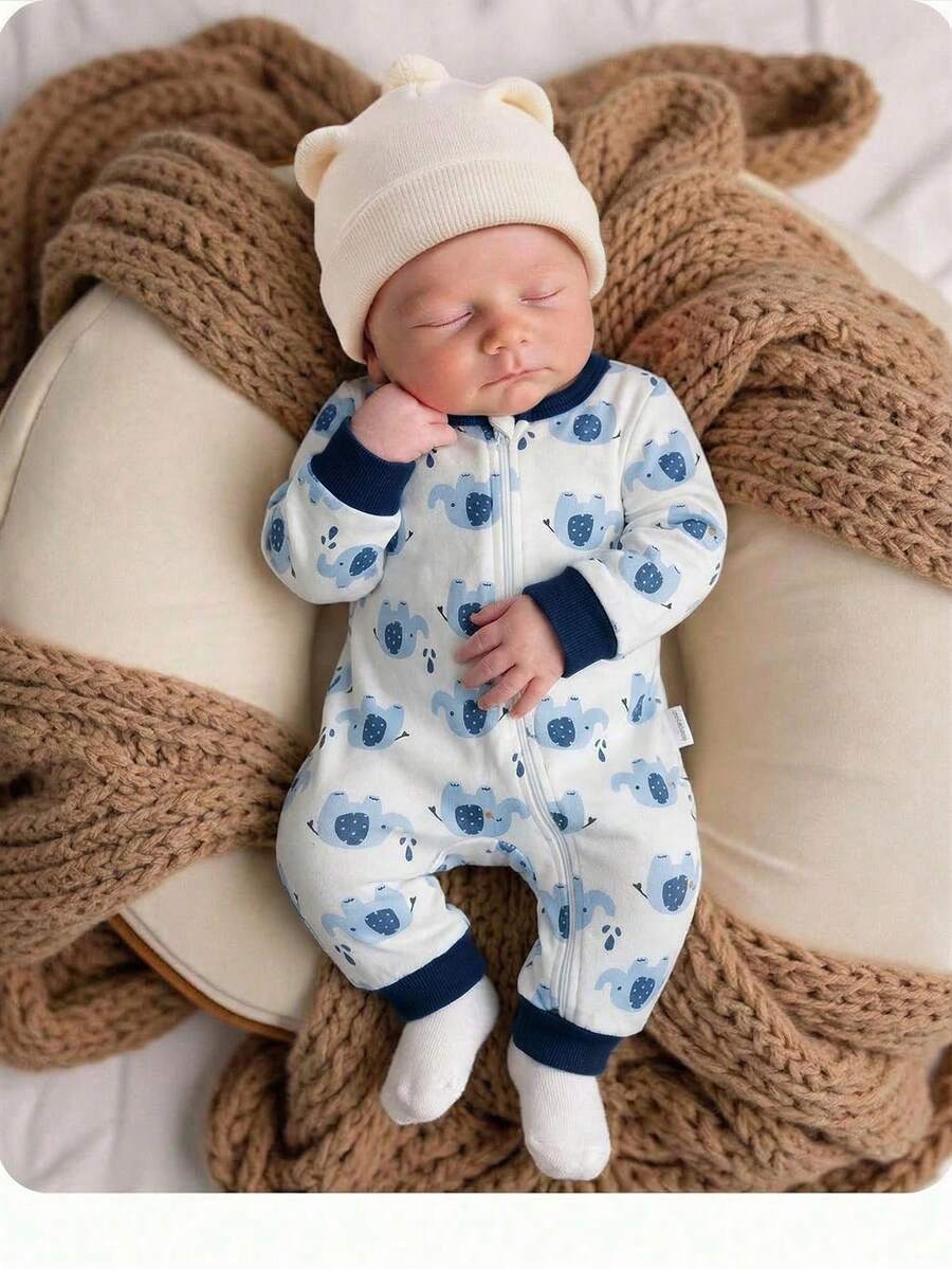 Cute Cartoon Bear Print Baby Zipper Romper for Newborn Boys and Girls