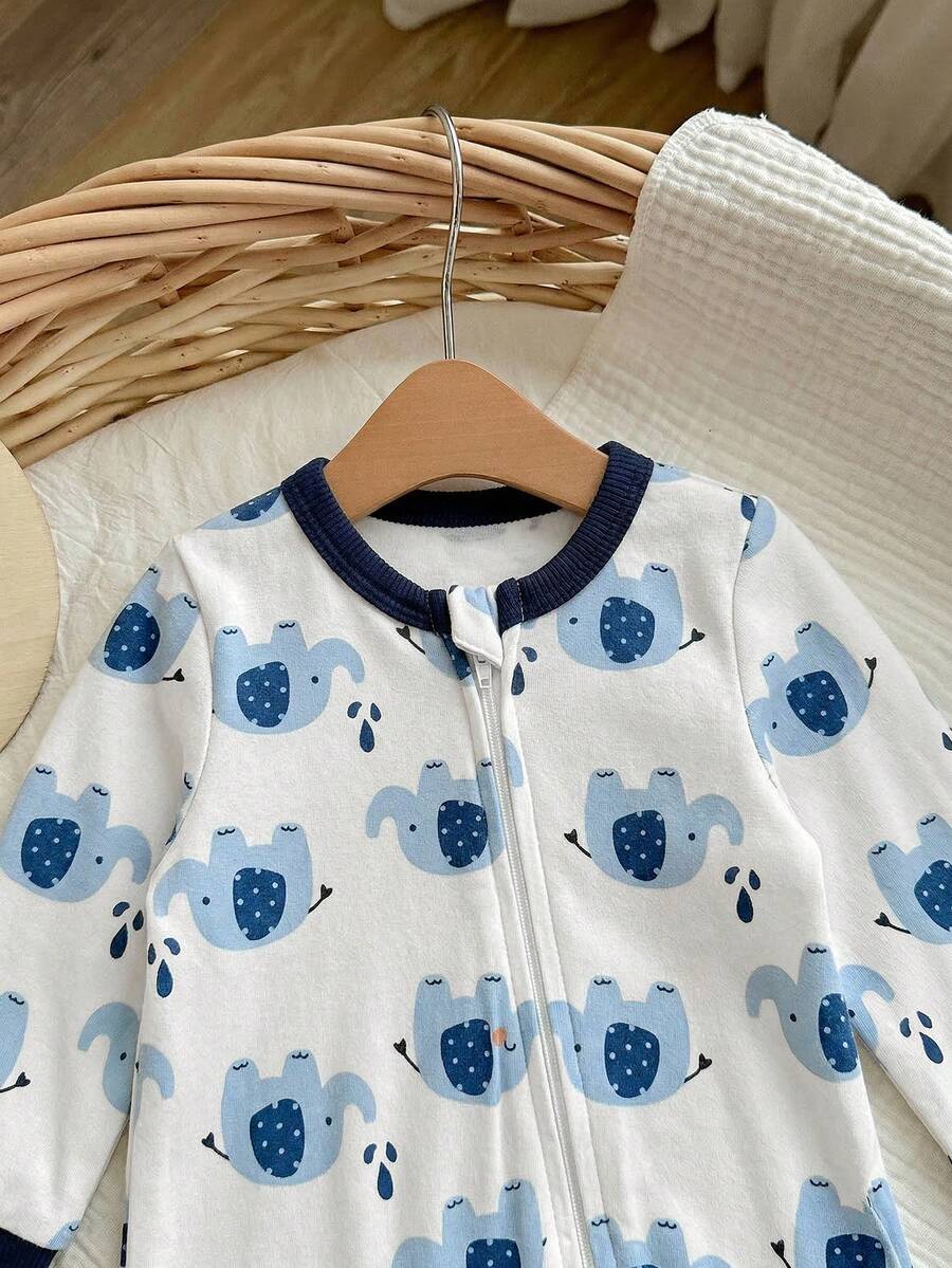 Cute Cartoon Bear Print Baby Zipper Romper for Newborn Boys and Girls