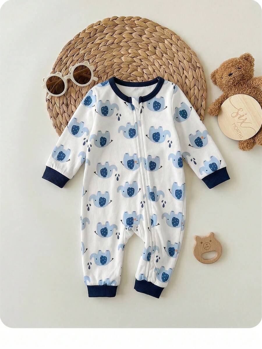 Cute Cartoon Bear Print Baby Zipper Romper for Newborn Boys and Girls