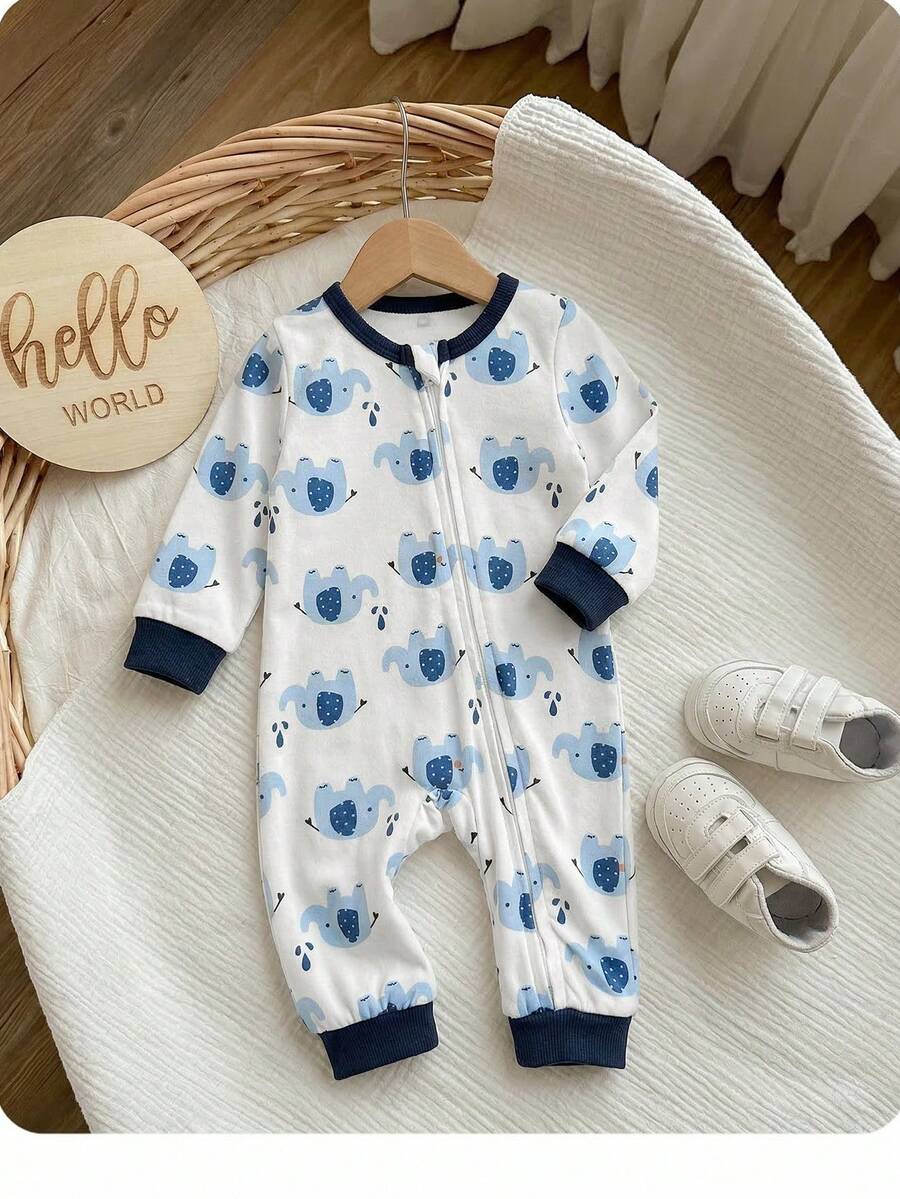 Cute Cartoon Bear Print Baby Zipper Romper for Newborn Boys and Girls