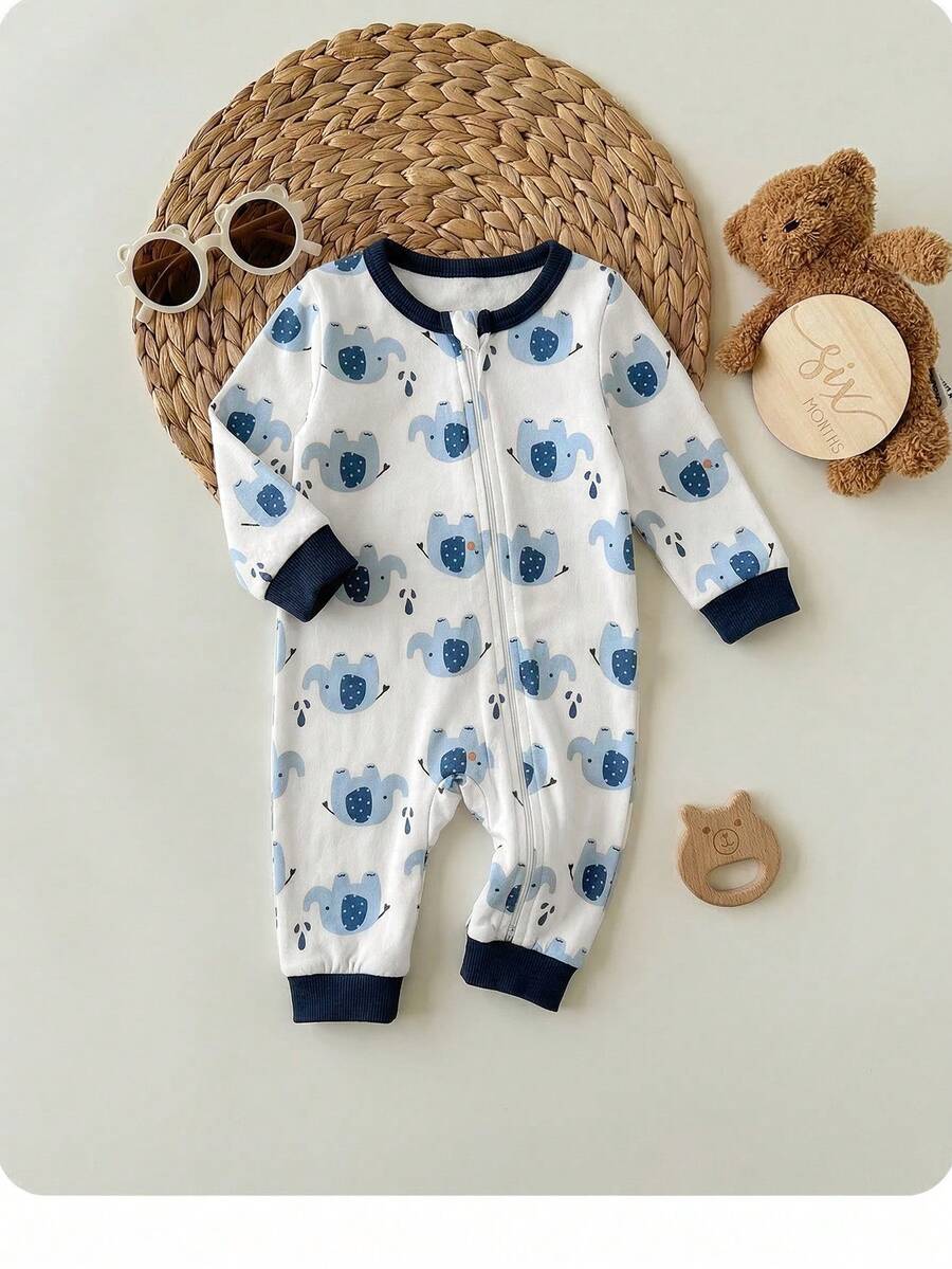 Cute Cartoon Bear Print Baby Zipper Romper for Newborn Boys and Girls
