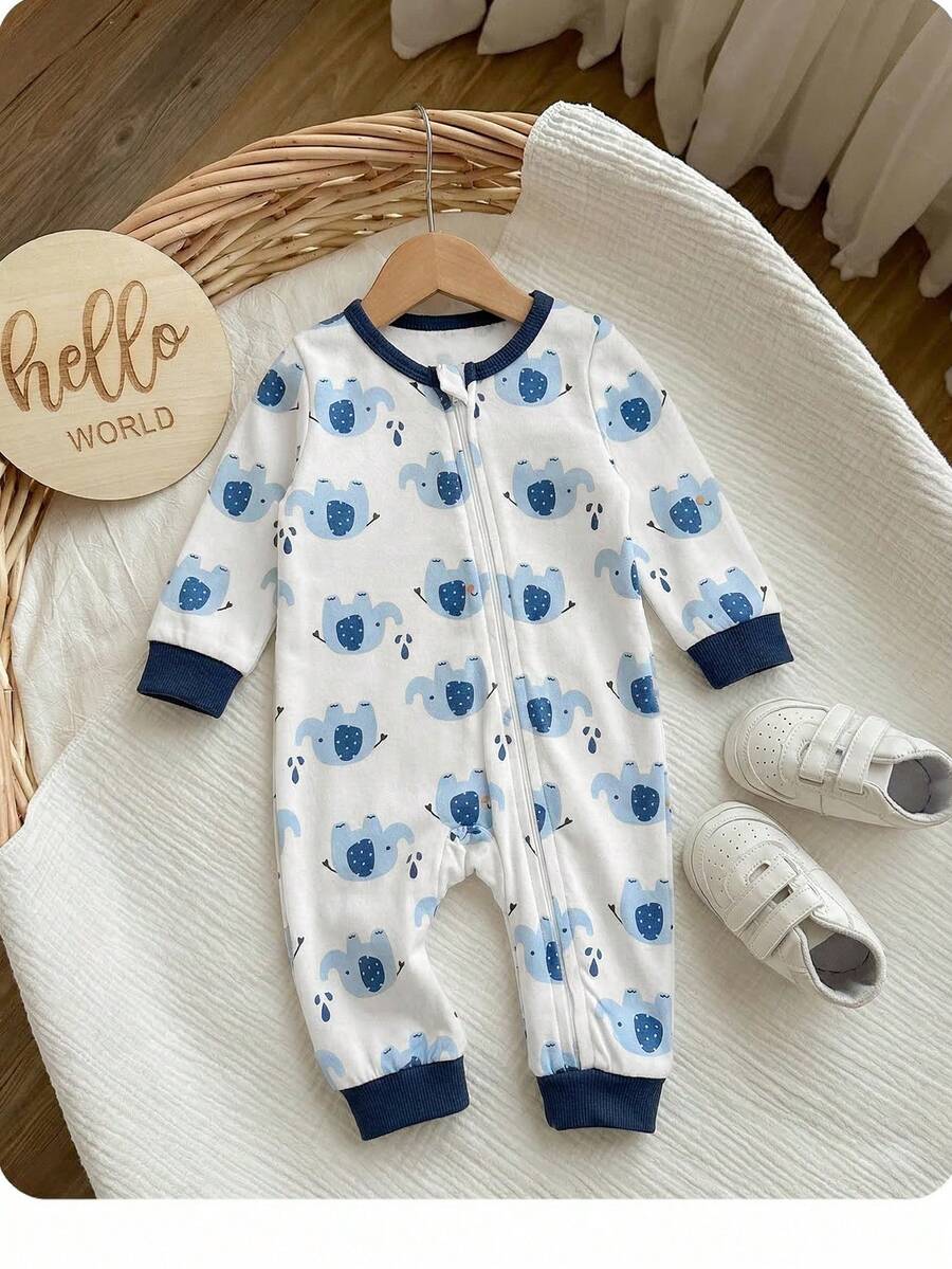 Cute Cartoon Bear Print Baby Zipper Romper for Newborn Boys and Girls