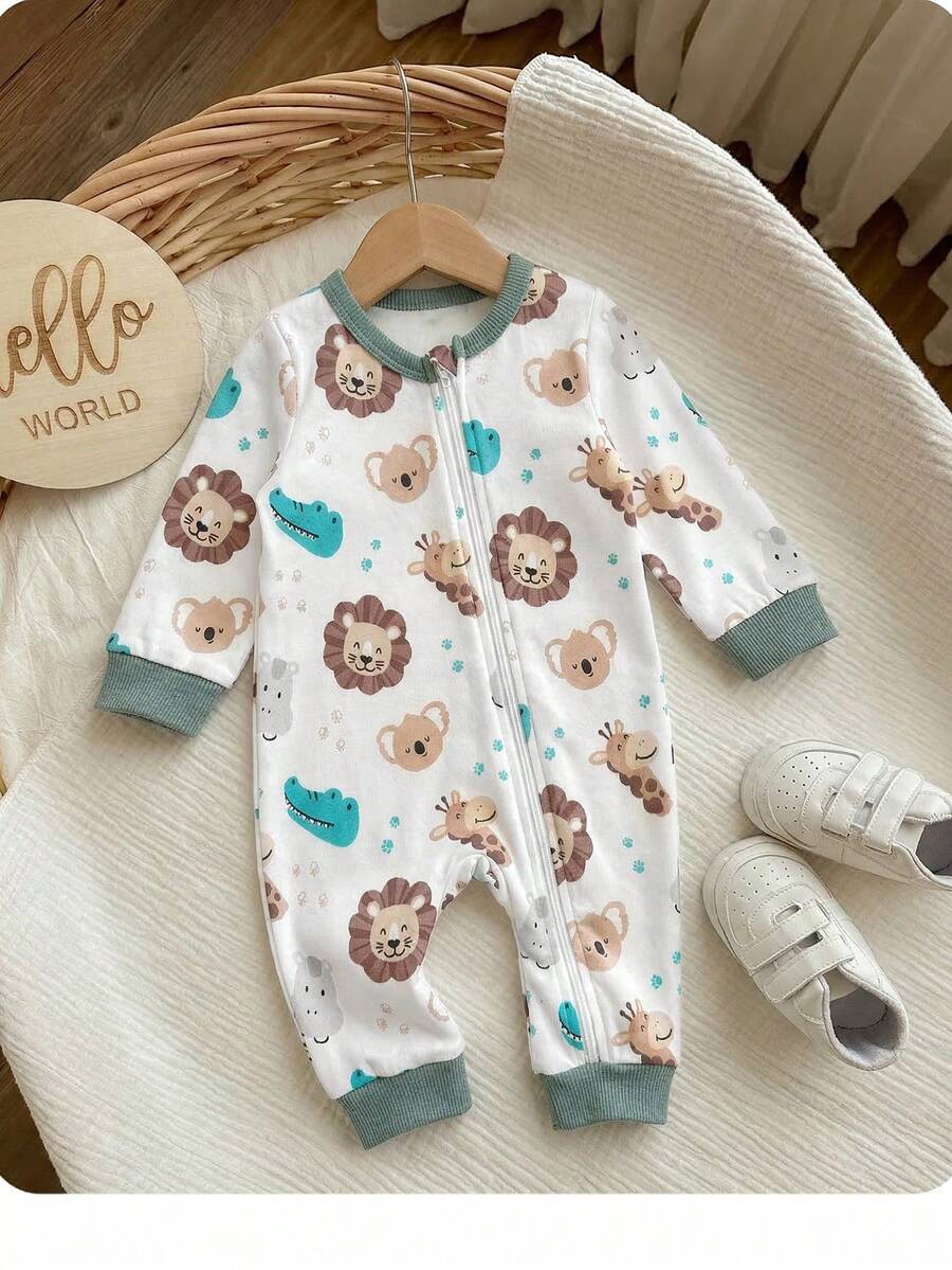 Cute Cartoon Bear Print Baby Zipper Romper for Newborn Boys and Girls