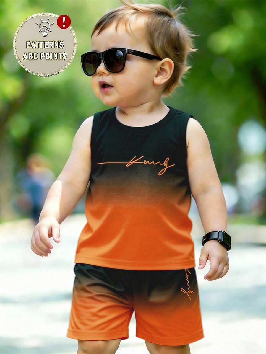 Baby Boy Gradient Logo Print Tank Top and Shorts 2 Piece Casual Summer Outfit Set