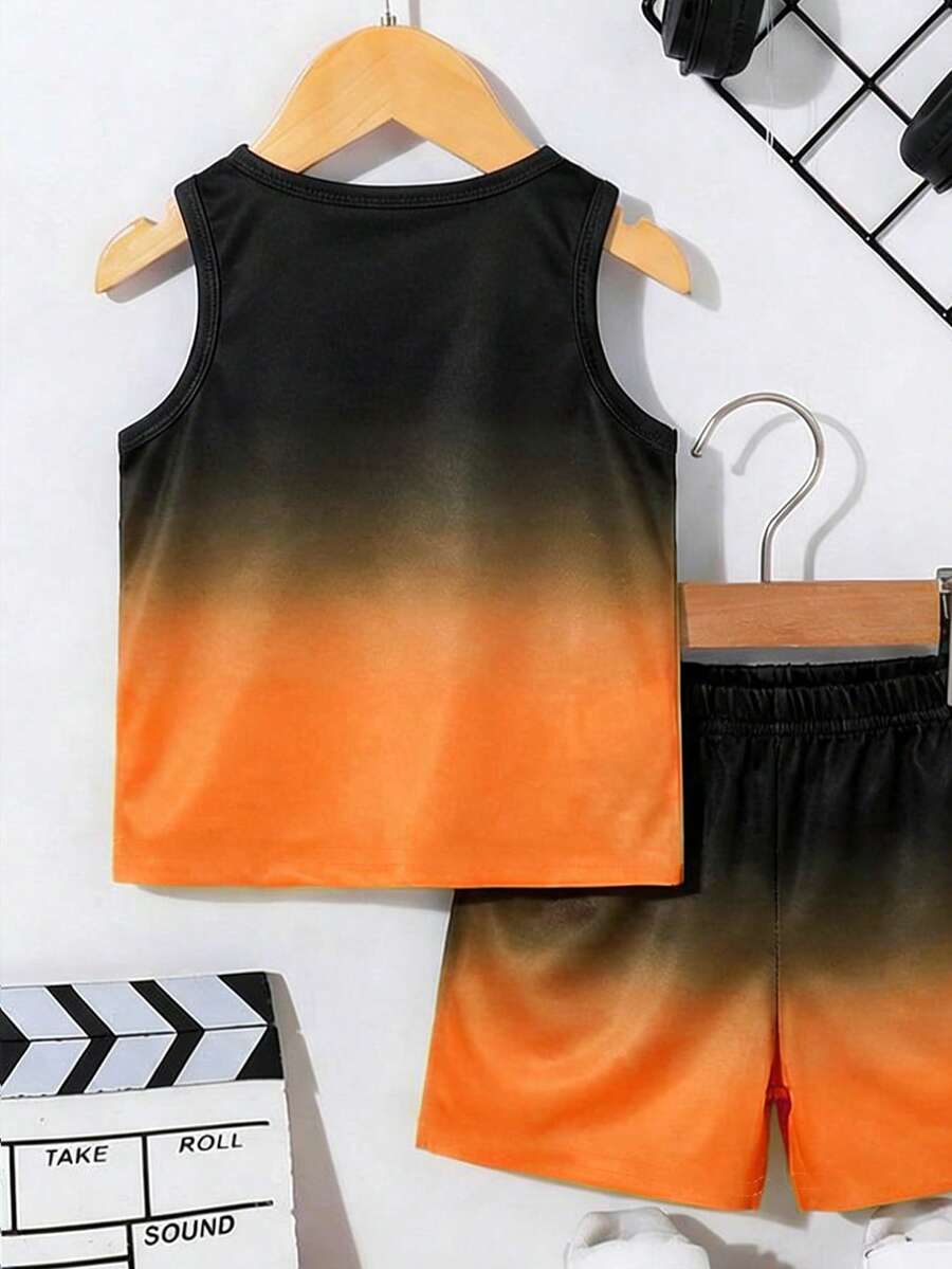Baby Boy Gradient Logo Print Tank Top and Shorts 2 Piece Casual Summer Outfit Set