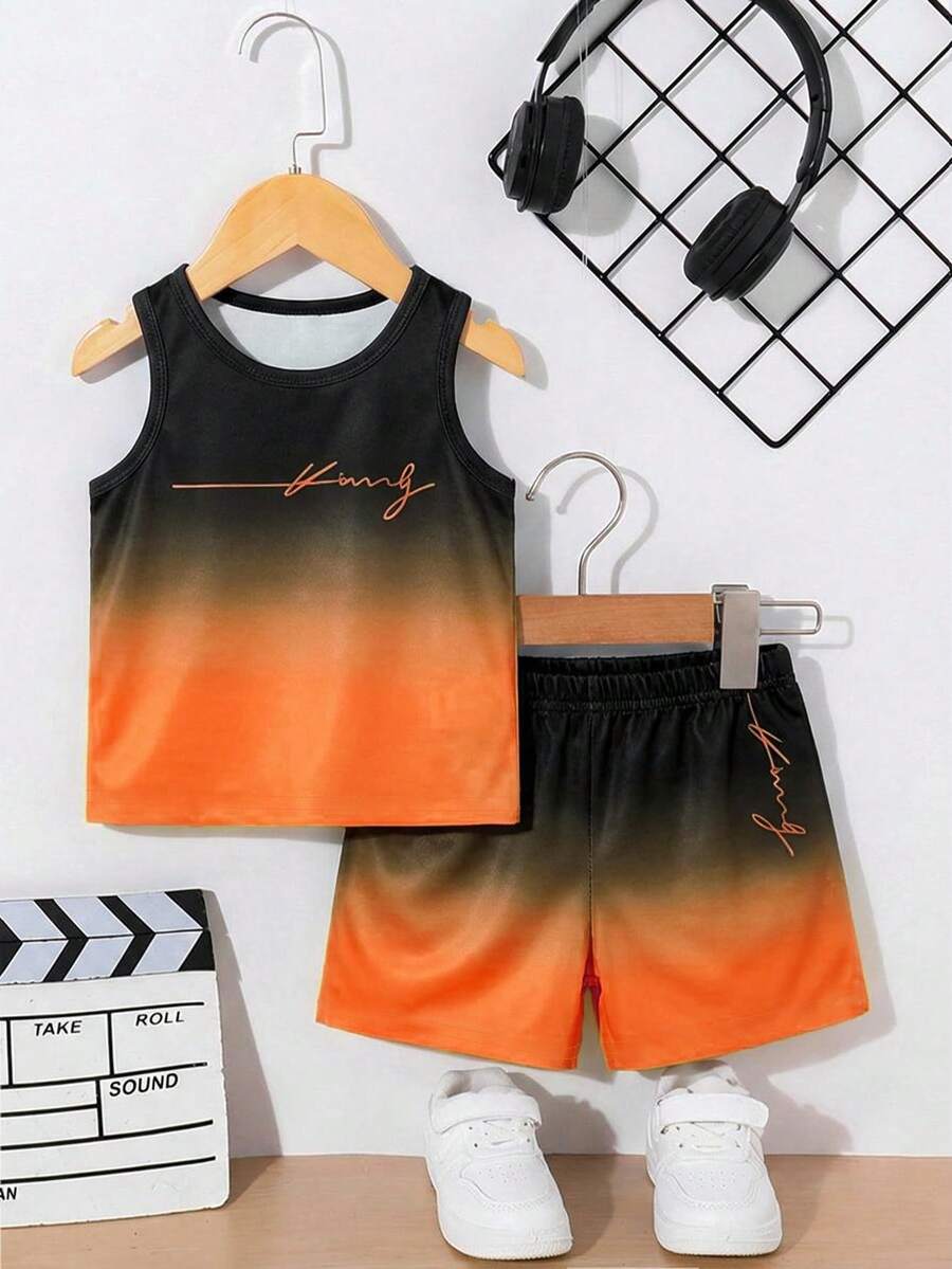 Baby Boy Gradient Logo Print Tank Top and Shorts 2 Piece Casual Summer Outfit Set