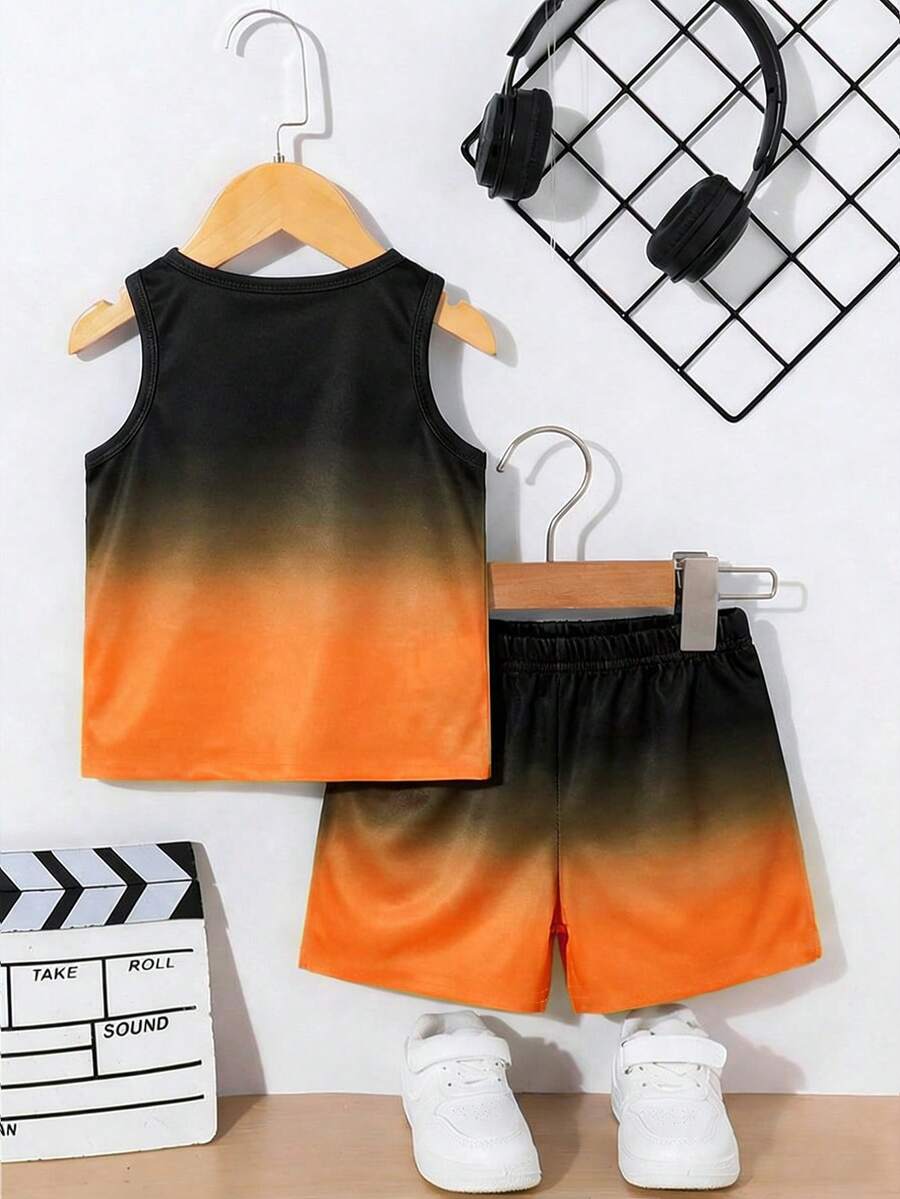 Baby Boy Gradient Logo Print Tank Top and Shorts 2 Piece Casual Summer Outfit Set