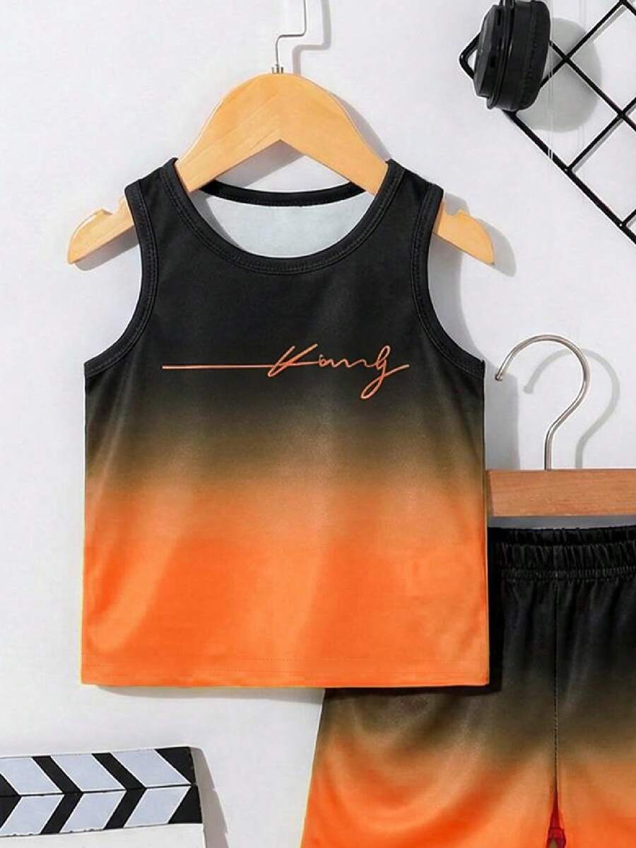 Baby Boy Gradient Logo Print Tank Top and Shorts 2 Piece Casual Summer Outfit Set