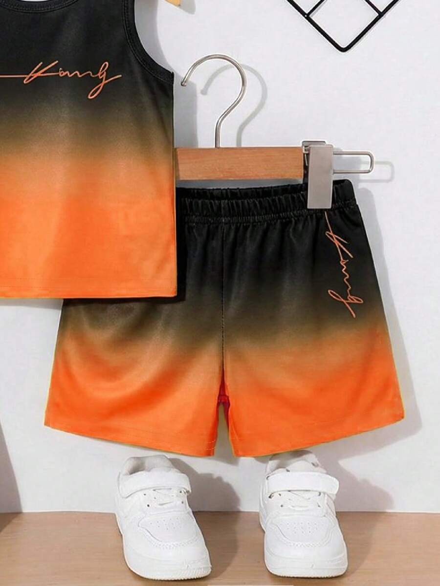 Baby Boy Gradient Logo Print Tank Top and Shorts 2 Piece Casual Summer Outfit Set