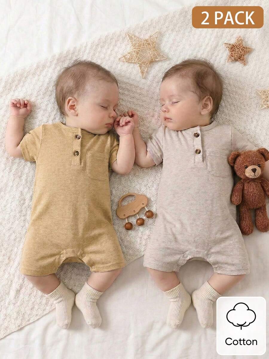 Unisex Baby 2pcs Solid Color Romper Set - Neutral Shortall for Boys and Girls