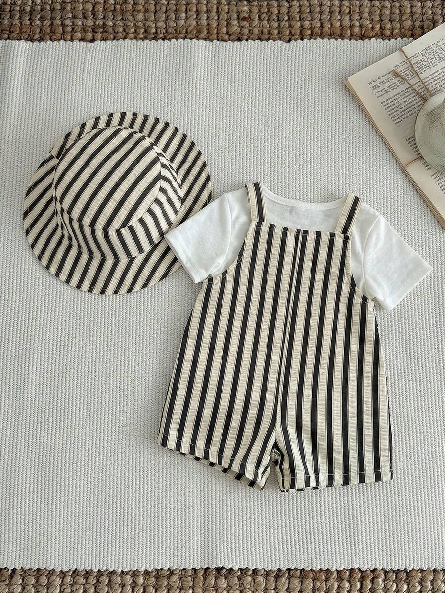 Baby Striped Bib Overalls and Bucket Hat 2 Piece Casual Summer Beach Outfit Set