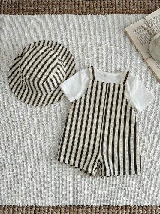Baby Striped Bib Overalls and Bucket Hat 2 Piece Casual Summer Beach Outfit Set