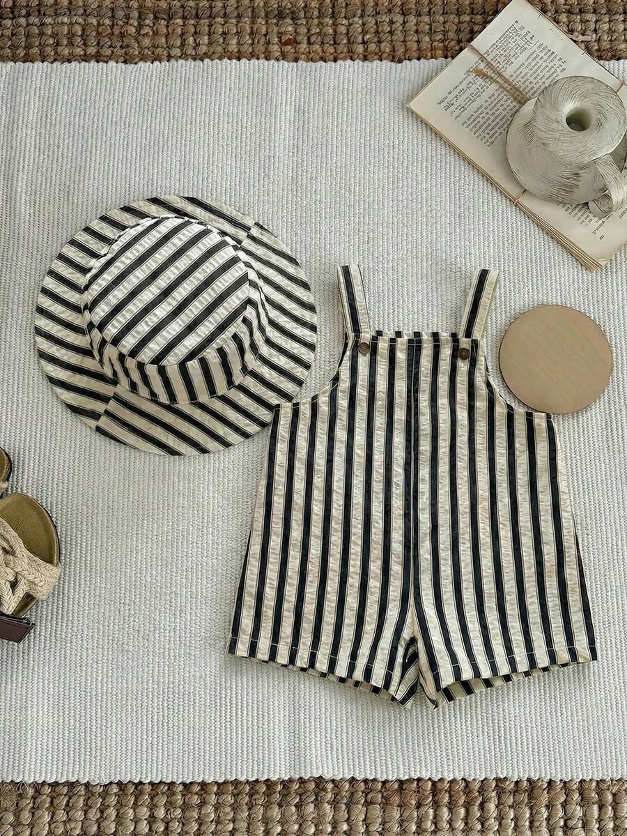 Baby Striped Bib Overalls and Bucket Hat 2 Piece Casual Summer Beach Outfit Set