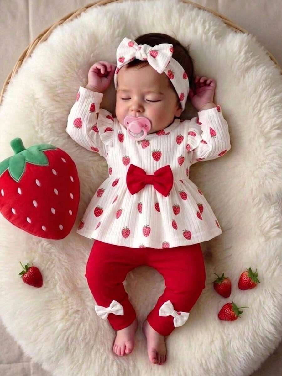 Newborn Spring/Fall Heart Print Pullover And Bow Detail Skinny Pants 2pcs Set For Casual, Outdoor & Christmas Wear