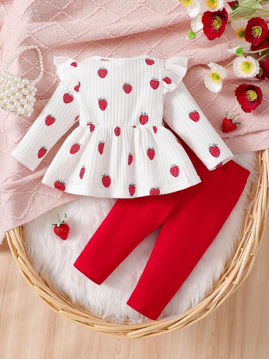 Newborn Spring/Fall Heart Print Pullover And Bow Detail Skinny Pants 2pcs Set For Casual, Outdoor & Christmas Wear