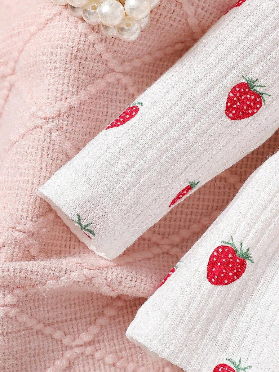 Pink Heart Knit Outfit Set with Bow Detail for Autumn and Spring Wear