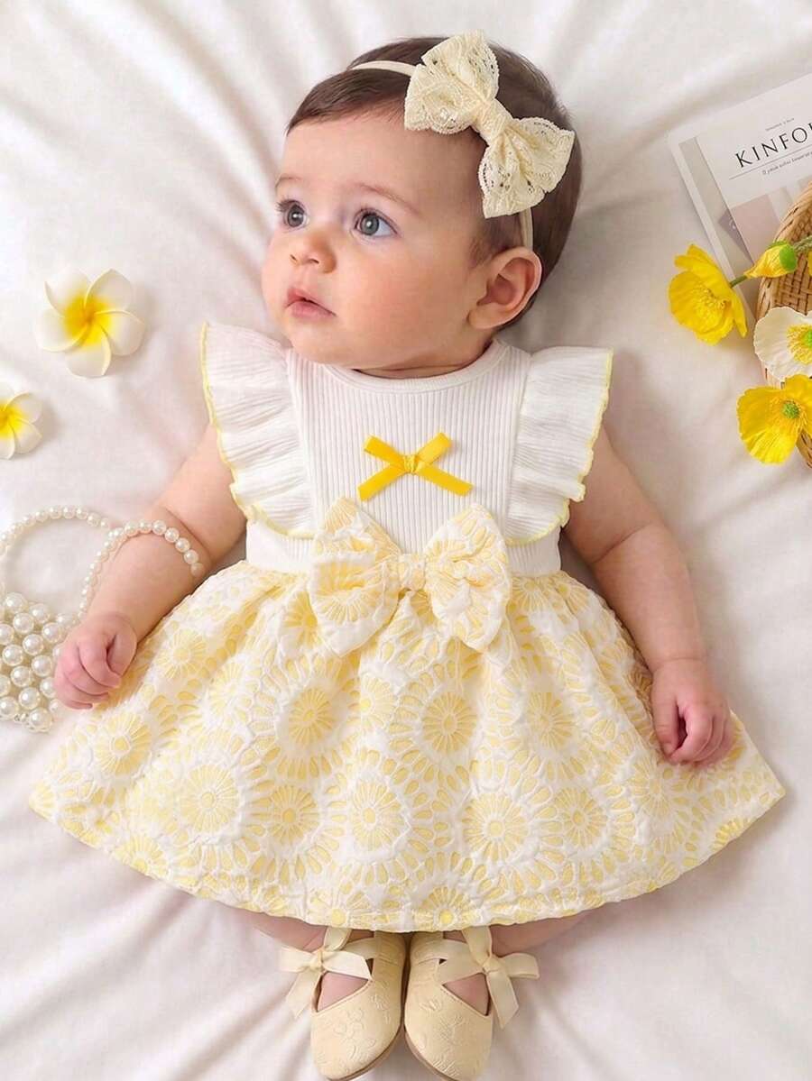 Baby Lace Collar Pink Bow Dress for Elegant Retro Summer Wear