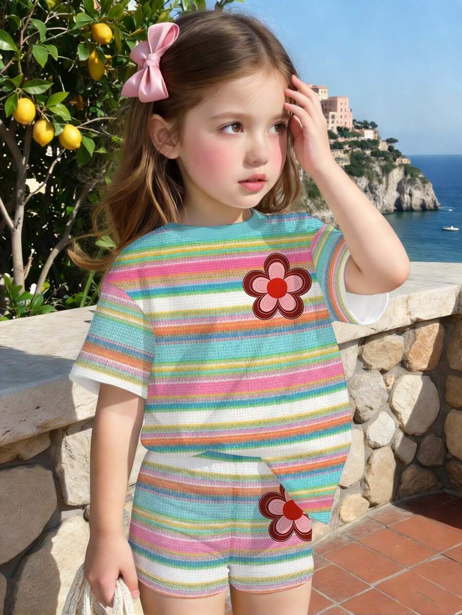 Lemon Fruit & Letter Print Short Sleeve Top and Shorts Set for Baby Girls