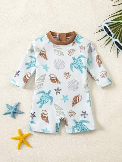 Baby Coconut Tree Print Long Sleeve Swimsuit Set with Matching Sun Hat