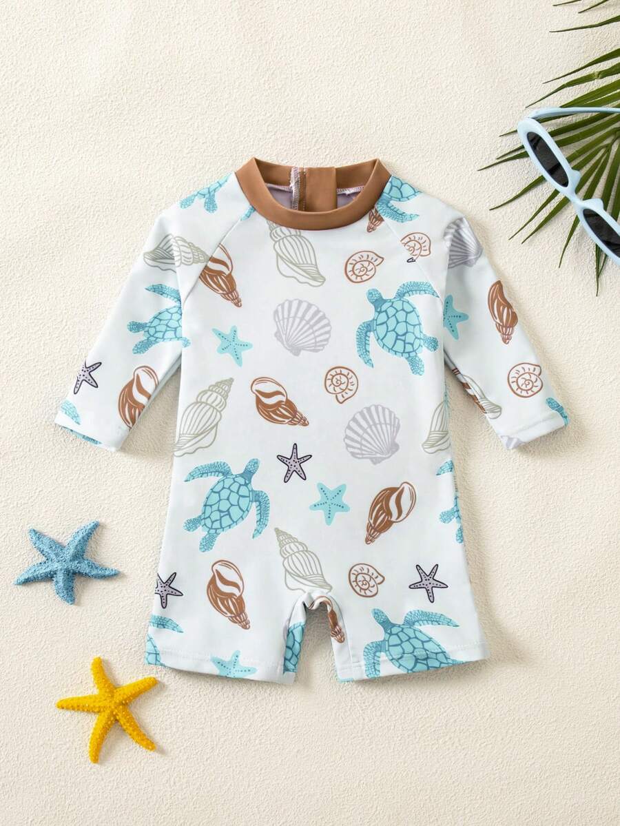 Baby Coconut Tree Print Long Sleeve Swimsuit Set with Matching Sun Hat