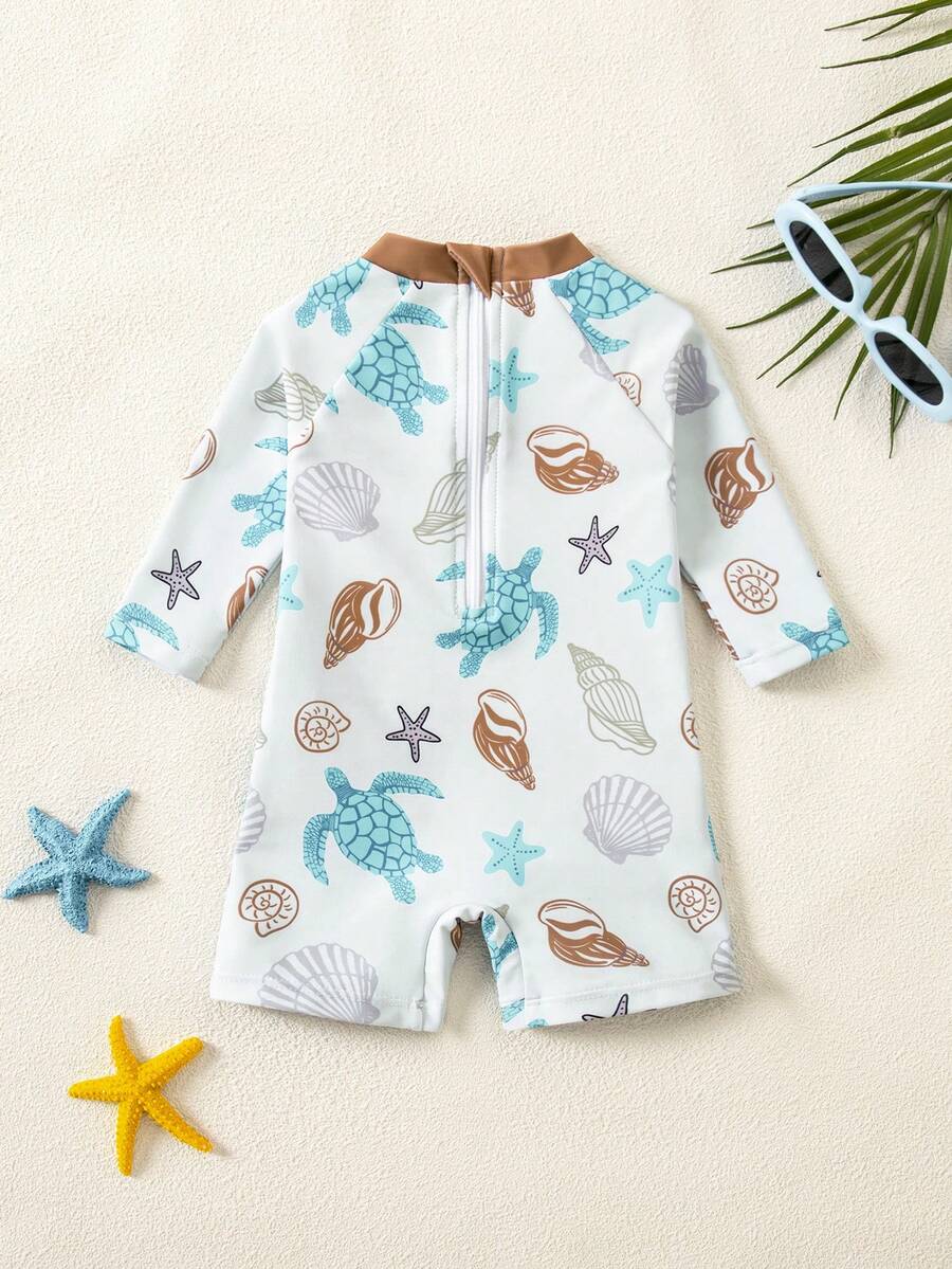 Baby Coconut Tree Print Long Sleeve Swimsuit Set with Matching Sun Hat