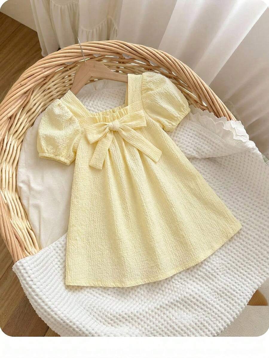 Green Plaid Short Sleeve Dress for Baby Girls - Cute Bow Accent Summer Outfit