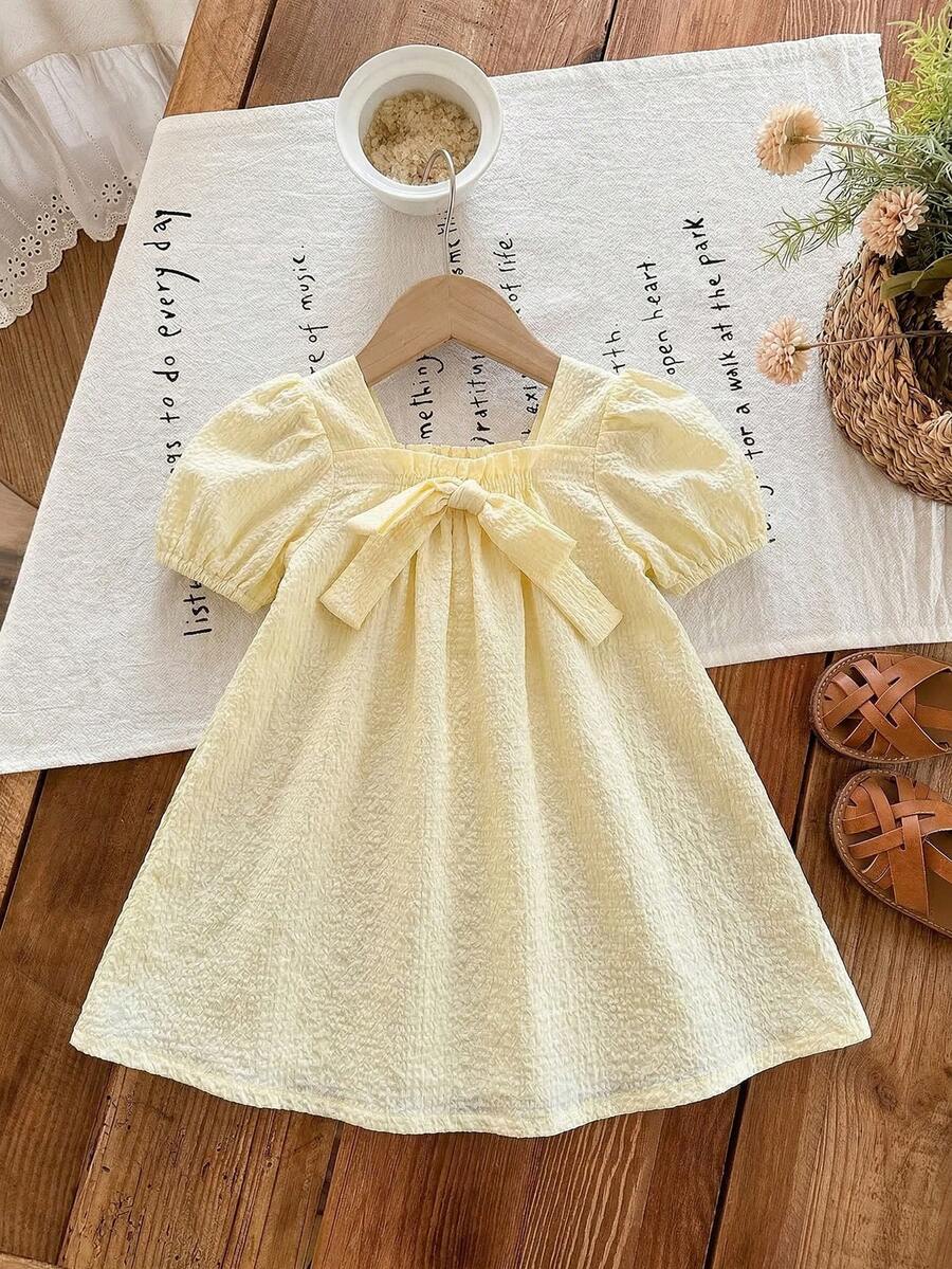 Baby Girl Plaid Bow Detail Short Sleeve Dress Cute Summer Vacation Outfit