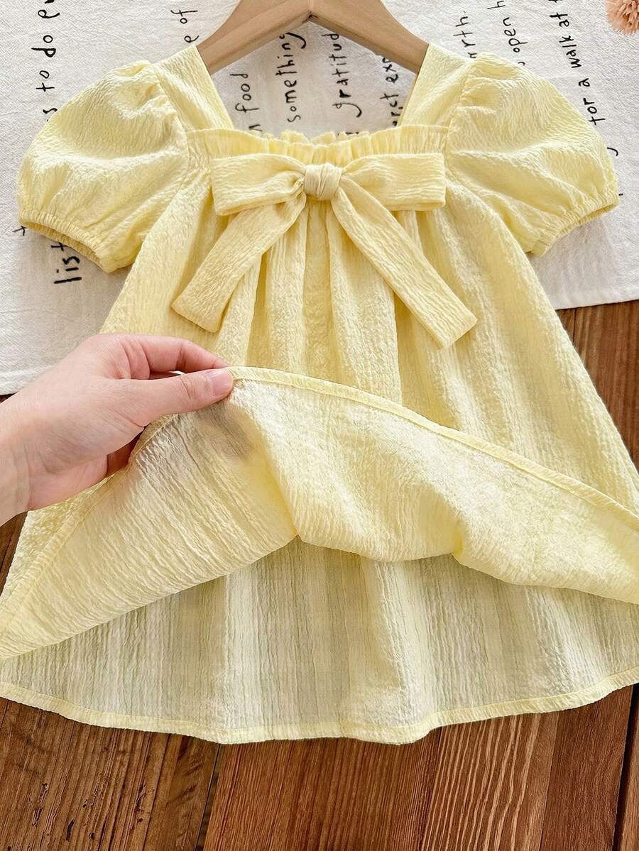 Baby Girl Plaid Bow Detail Short Sleeve Dress Cute Summer Vacation Outfit